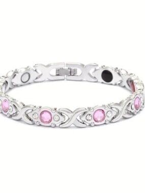 Silver Magnetic Therapy Bracelet With Pink And White Zircon